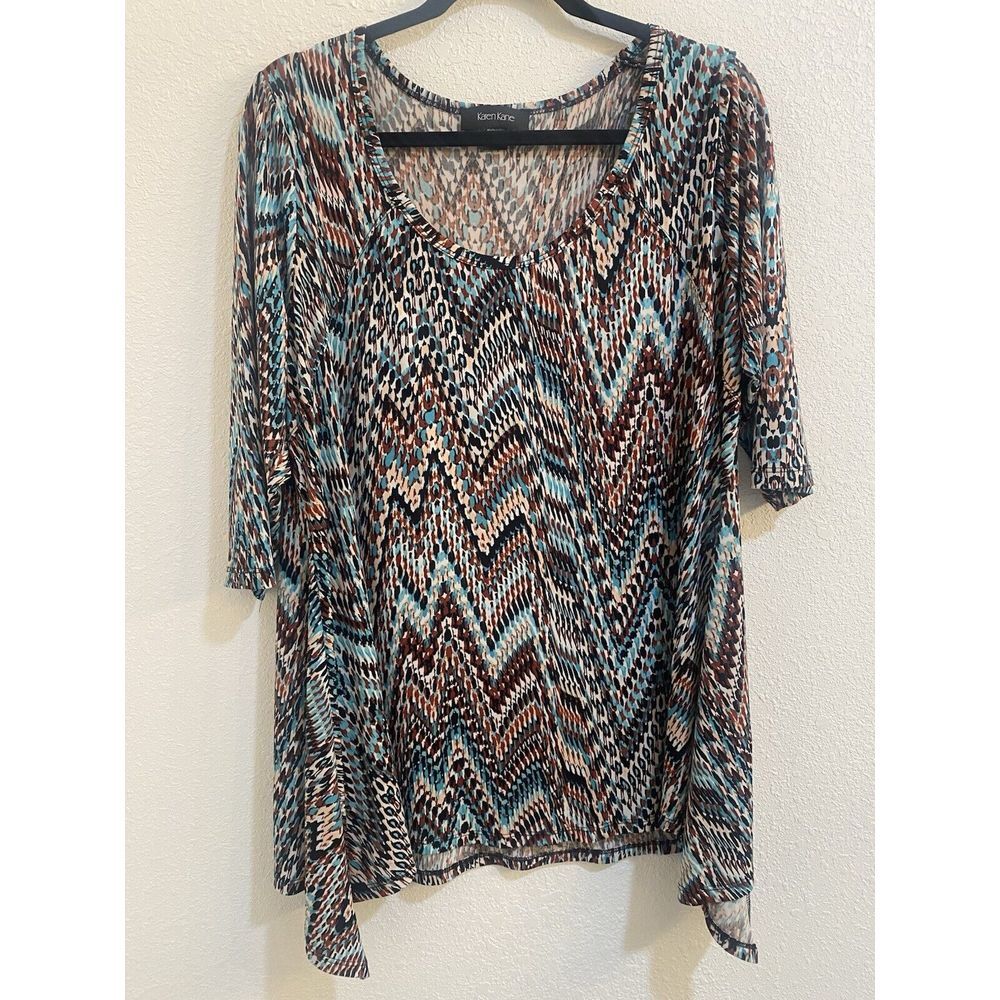 Karen Kane Round Next Geometric Print Stretchy 1X Women Blouse Polyester Spandex